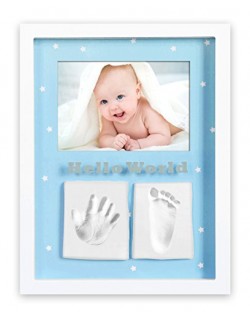 Marco de fotos para bebé para huella de mano y pie 3D, Portafotos de madera con molde de yeso, blanco,+ Regalo de un babero- Dan