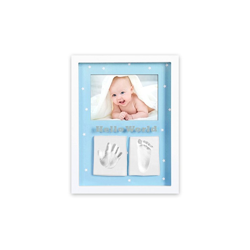 Marco de fotos para bebé para huella de mano y pie 3D, Portafotos de madera con molde de yeso, blanco,+ Regalo de un babero- Dan