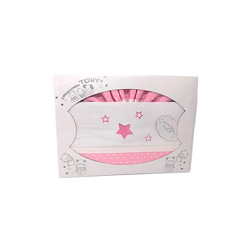 Sábanas Cuna Franela 100% algodon - Color Blanco-rosa (Encimera-bajera y funda de almohada) Danielstore (Estrella rosa)