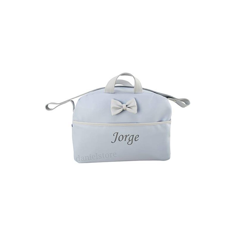 Danielstore- Custom Bag Baby Baby Cart com nome bordado. Kona azul-cinza + Presente de um bib