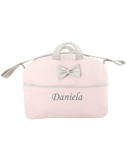 Danielstore- Custom Bag Baby Baby Cart com nome bordado. Kona cinza-rosa + Presente de um babador