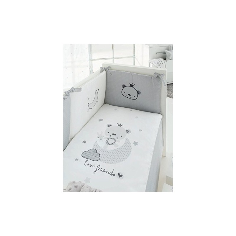 Pirulos 21012410 - Edredom, protetor e almofada, design de amigos amorosos, 62 x 125 cm, branco e cinza
