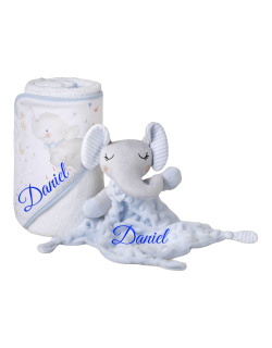 Toalla Capa de baño Bebe Personalizada con nombre bordado + dou dou Elefante blanco azul Danielstore