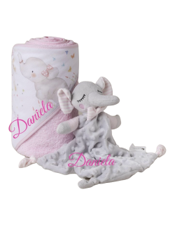 Toalla Capa de baño Bebe Personalizada con nombre bordado + dou dou Elefante rosa Danielstore