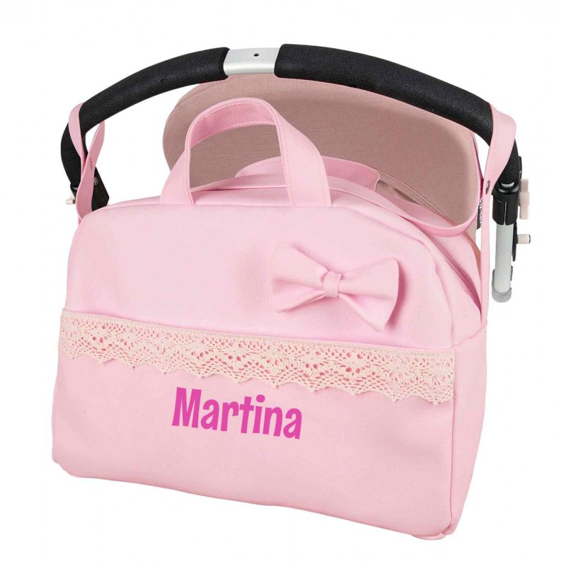 Bolso polipiel carrito bebe. Color rosa. Personalizado con nombre bordado- Danielstore