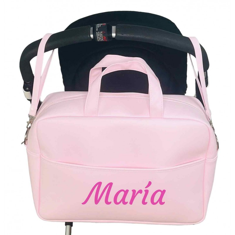 Bolso Carro Bebe Personalizado Acolchado con Nombre Bordado Impermeable con asas colgar al carro. Color Rosa