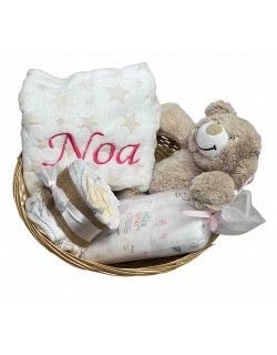 Canastilla Bebé Personalizada Cesta Regalo Incluye Manta + Muñeco + Pack Gasas + Tarta Pañales