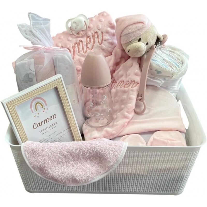 Canastilla de bebé personalizada con manta y dou dou