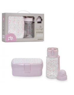 Interbaby Set Fiambrera y Botella de Agua con 2 Tapones Modelo Petalos Rosa para Bebés y Niños
